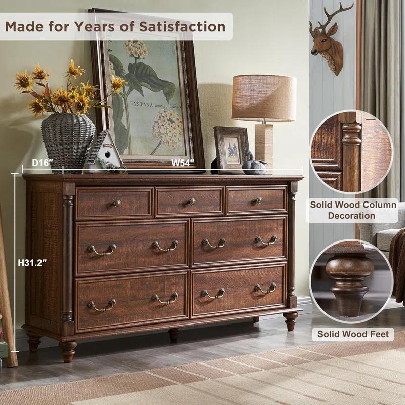 OKD Ojaswi Farmhouse 7 - Drawer Dresser, Wood Rustic Dresser Chest of Drawers with 2 Size Drawers for Bedroom, Living Room