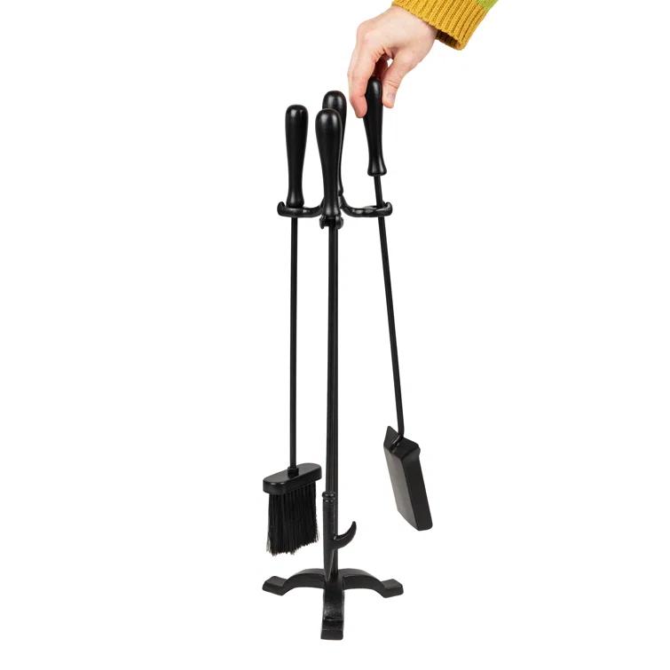 Symple Stuff Fireplace Tool Set, Poker, Ash Brush, Shovel Scoop, Stand, Wrought Iron and Steel, 6.25"L x 6.25"W x 30"H