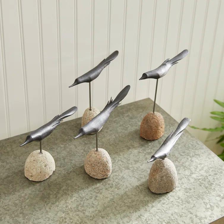 Black Palilo Wood and Iron Bird Sculpture Set