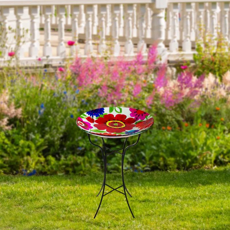 Northlight Seasonal 18" Red and Blue Summer Flowers Hand Painted Glass Outdoor Patio Birdbath