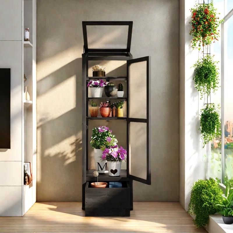 mosaicmotifco Wood Garden Greenhouse Balcony Portable Mini Cold Frame With Movable Storage Box, Adjustable Shelves And 1 Drawer