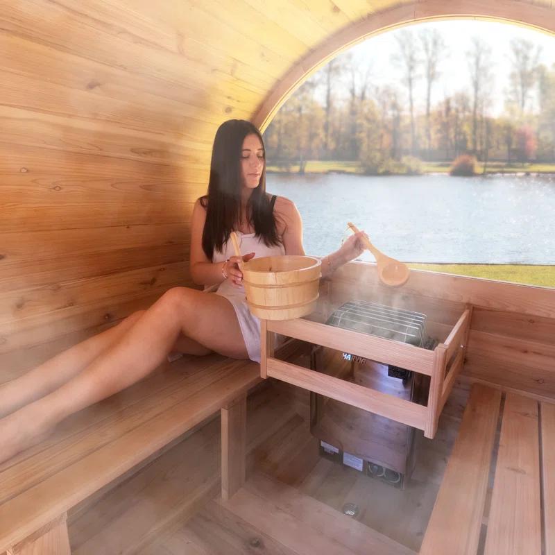 ALEKO Red Cedar Barrel Sauna with Panoramic Window - 8 kW UL Certified KIP Harvia Heater - 6-8 Person | Wayfair