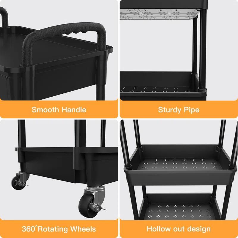 Ebern Designs 3 Tier Rolling Utility Cart With Drawer,utility Cart Made Of Multifunctional Storage Organizer Tool For Kitchen,bathroom,living Room,office