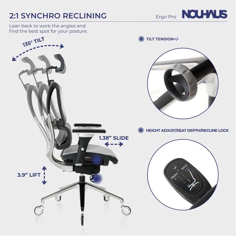 Nouhaus Inc Nouhaus Ergonomic Office Chair Lumbar Support Aluminum Alloy Backrest, Big and Tall Mesh Computer Desk Chair with Adjustable Headrest, 4D Armrest and Premium Wheels
