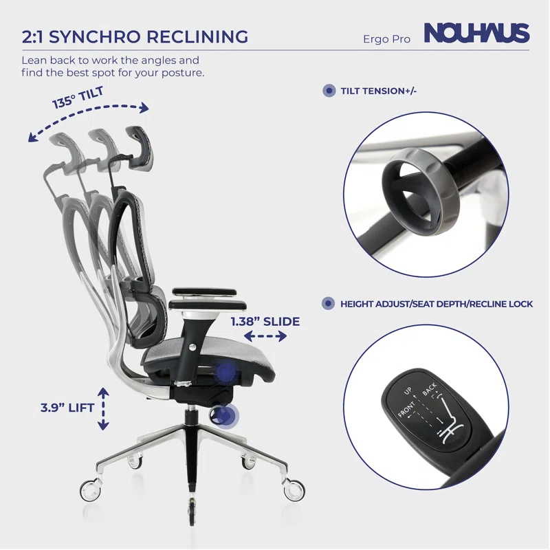 Nouhaus Inc Nouhaus Ergonomic Office Chair Lumbar Support Aluminum Alloy Backrest, Big and Tall Mesh Computer Desk Chair with Adjustable Headrest, 4D Armrest and Premium Wheels
