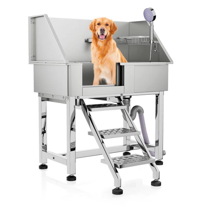 MoNiBloom 34" Pet Grooming Tub, Stainless Steel Pet Washing Station with Retractable Step, Faucet, Shower Head