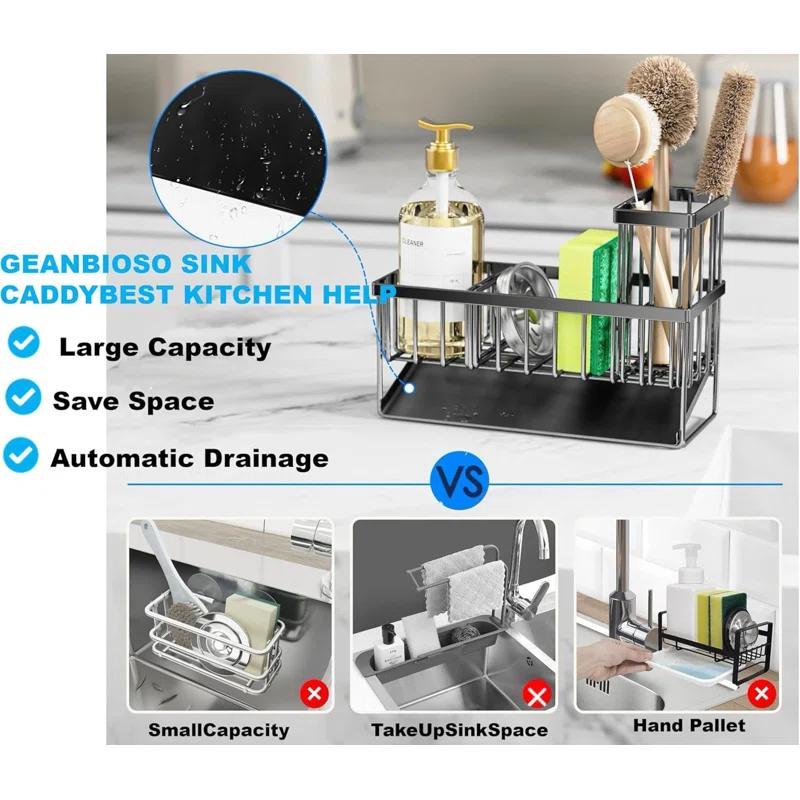 WKING Stainless Steel Kitchen Sink Caddy Organizer With Draining Tray, Rustproof Sponge Holder For Sink, Adjustable Compartments, Space-Saving Design