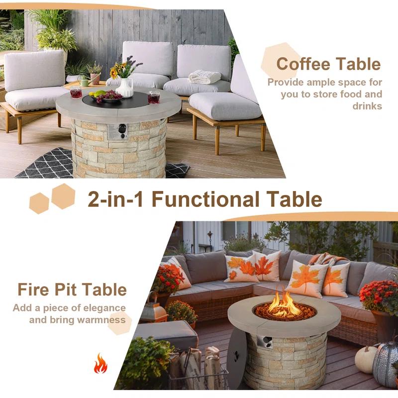 17 Stories Round Ore Powder, Steel, Stainless Steel, PVC Propane Smokeless Fire Pit Table with Hidden Fuel Tank