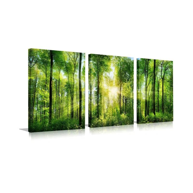3 Panel Nature Wall Art ,Landscape Paintings Framed Trees Green Pictures Sunrise Scenery Wall Decor