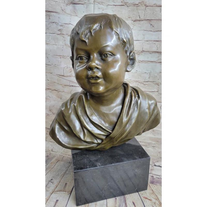Red Barrel Studio® Bronze Metal Bust Statue Sculpture Of Young Boy Child On Marble Base Signed Original Art