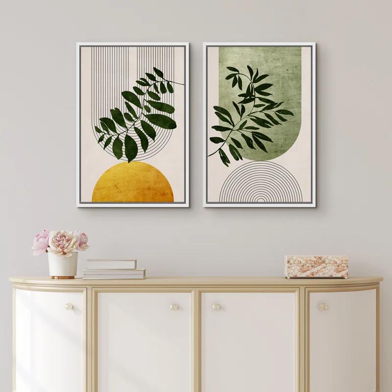 Mid Century Modern Boho Green Yellow Bright Plant Art Framed Canvas 2 Pieces Print  Wall Art Set