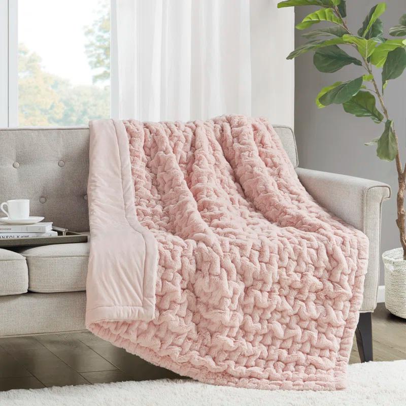 Madison Park Blush Ruched Fur Throw 50x60"