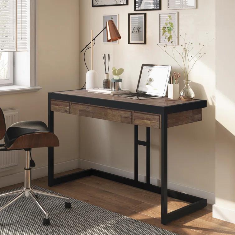 Simpli Home Erina Solid Acacia Wood Desk, Industrial Style with Keyboard Tray and 2 Drawers