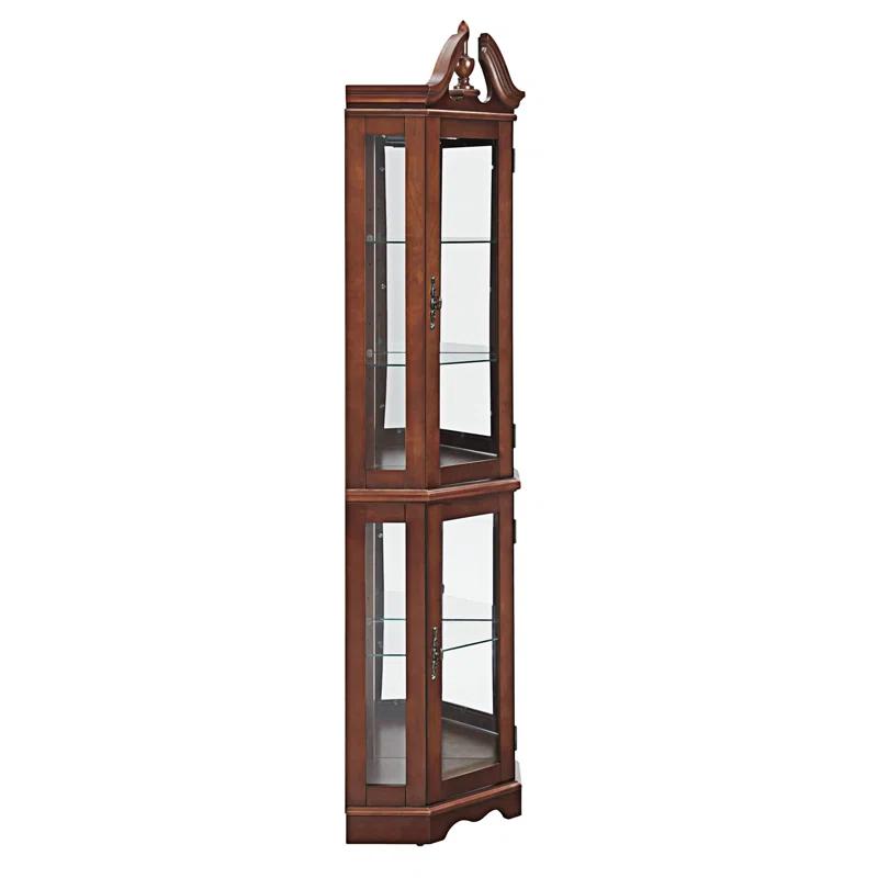 wendeway Walnut Corner Curio Cabinet With Lights,Adjustable Tempered Glass Shelves, Mirrored Back, Display Cabinet,Sideboard,Bookshelf