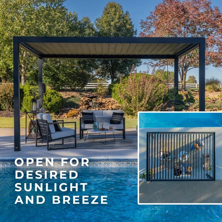 Backyard Discovery Backyard Discovery Sarasota 14' x 10' Galvanized Steel Outdoor Louvered Pergola Kit with Adjustable Steel Roof and PowerPort