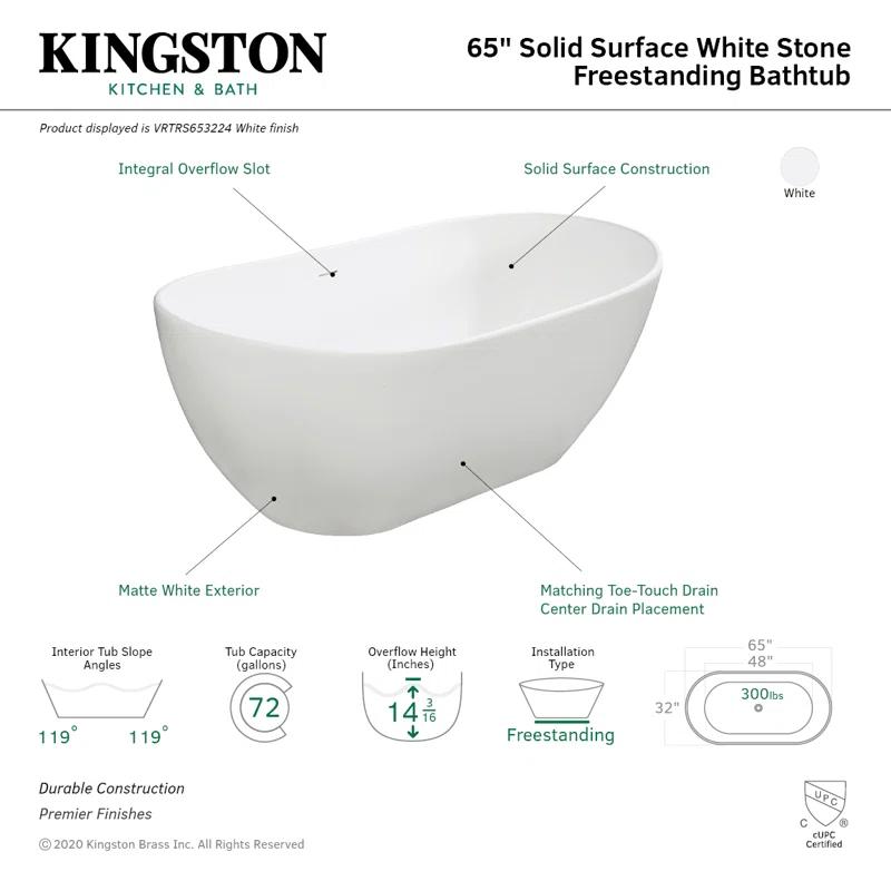Kingston Brass Kingston Brass Arcticstone Solid Surface Oval Double Slipper Freestanding Tub with Drain VRTRS653224