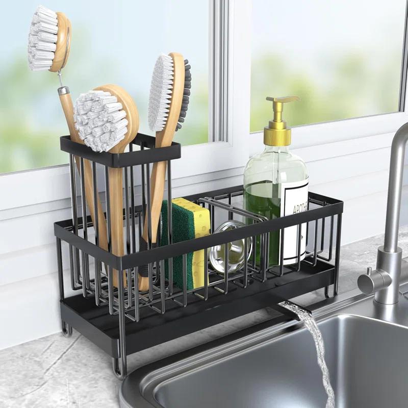 WKING Stainless Steel Kitchen Sink Caddy Organizer With Draining Tray, Rustproof Sponge Holder For Sink, Adjustable Compartments, Space-Saving Design