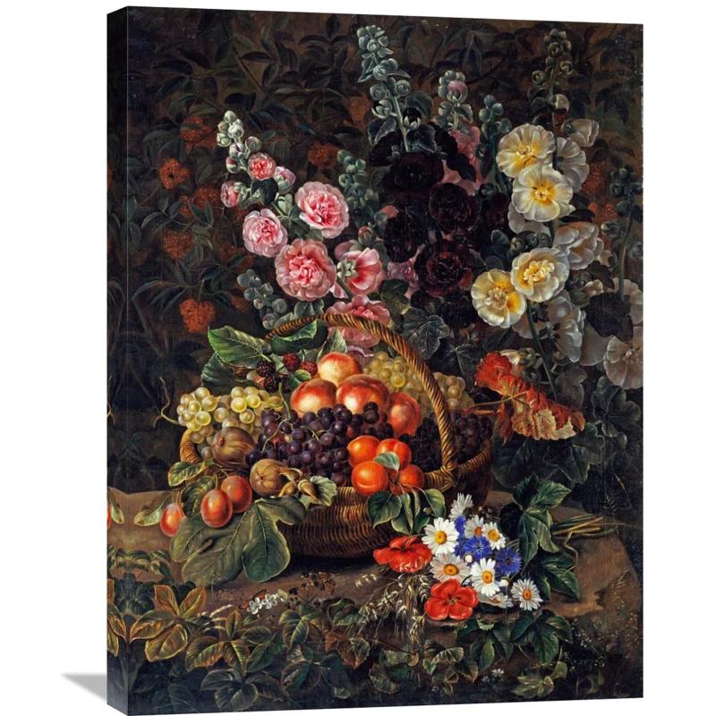 Global Gallery " A Still Life Of Flowers And A Basket Of Fruit " by Johan Laurents Jensen