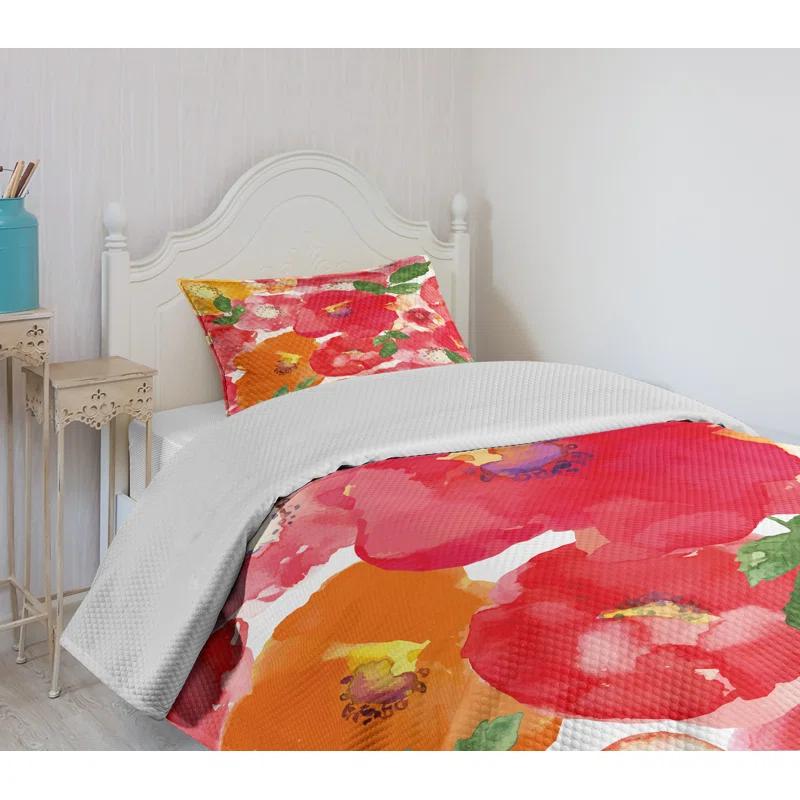 Ambesonne Ambesonne Flower Bedspread Set Watercolor Style Floral Red and Orange