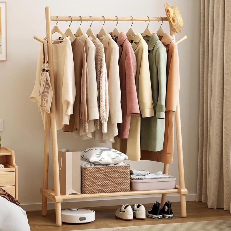 Rebrilliant Solid Wood Clothes Rack, Clothing Rack With Shelf And Hook, Sturdy And Portable, Garment Rack For Hanging Clothes,Coats,Skirts,Shoes,Bags,Easy To Assemble (Natural)