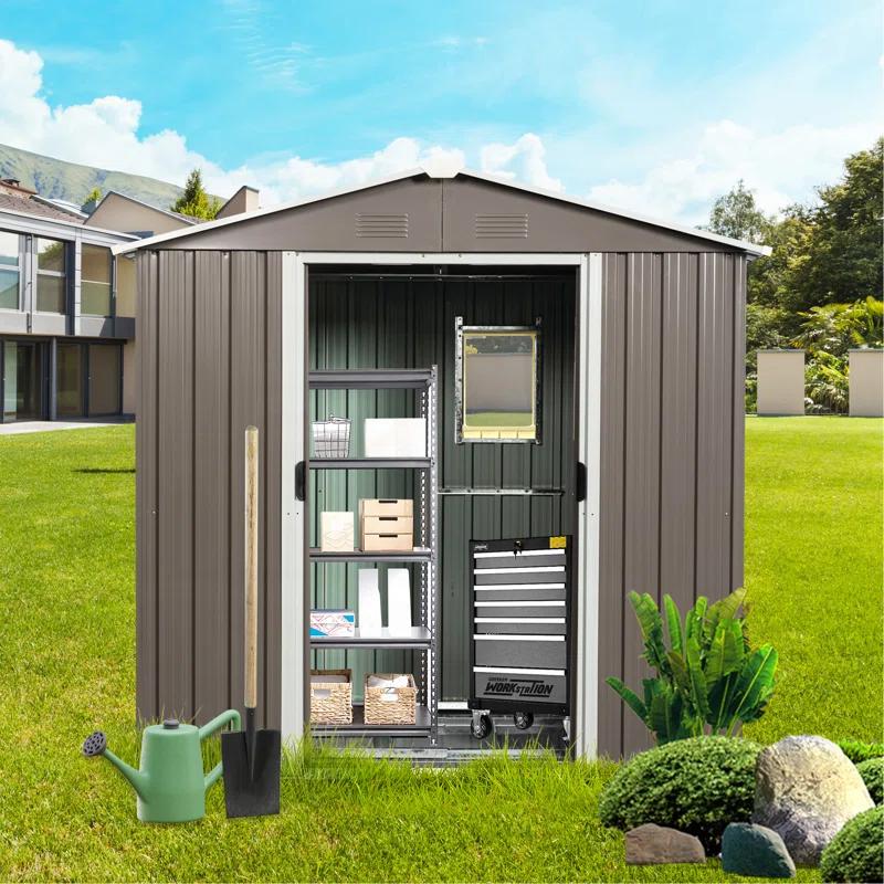 HONGHELEWANG 8Ft X 4Ft Outdoor Metal Storage Shed With Window And Metal Foundation,Gray | Wayfair