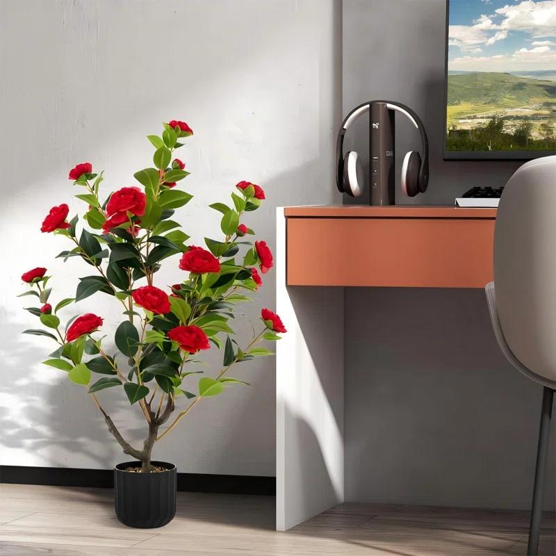 Primrue 38 In. Faux Camellia Tree In Pot Decorative Plant Indoor/Outdoor