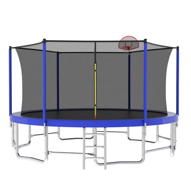 16FT Trampoline With Balance Bar  And  Basketball Hoop And Ball, ASTM Approved Reinforced Type Outdoor Trampoline With Enclosure Net