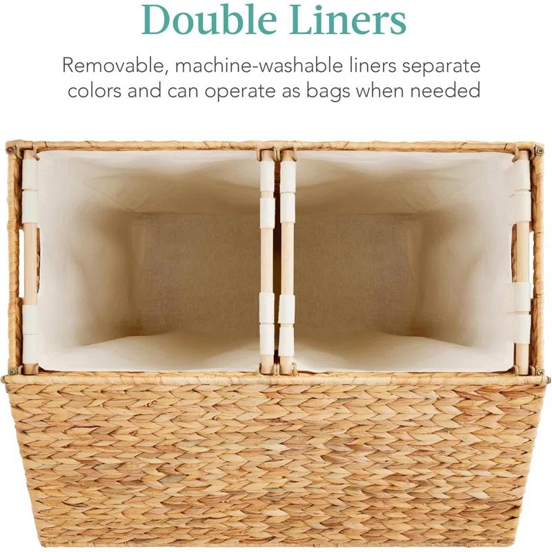 Bayou Breeze Large Water Hyacinth Double Laundry Hamper Basket w/ 2 Liner Bags, Handles