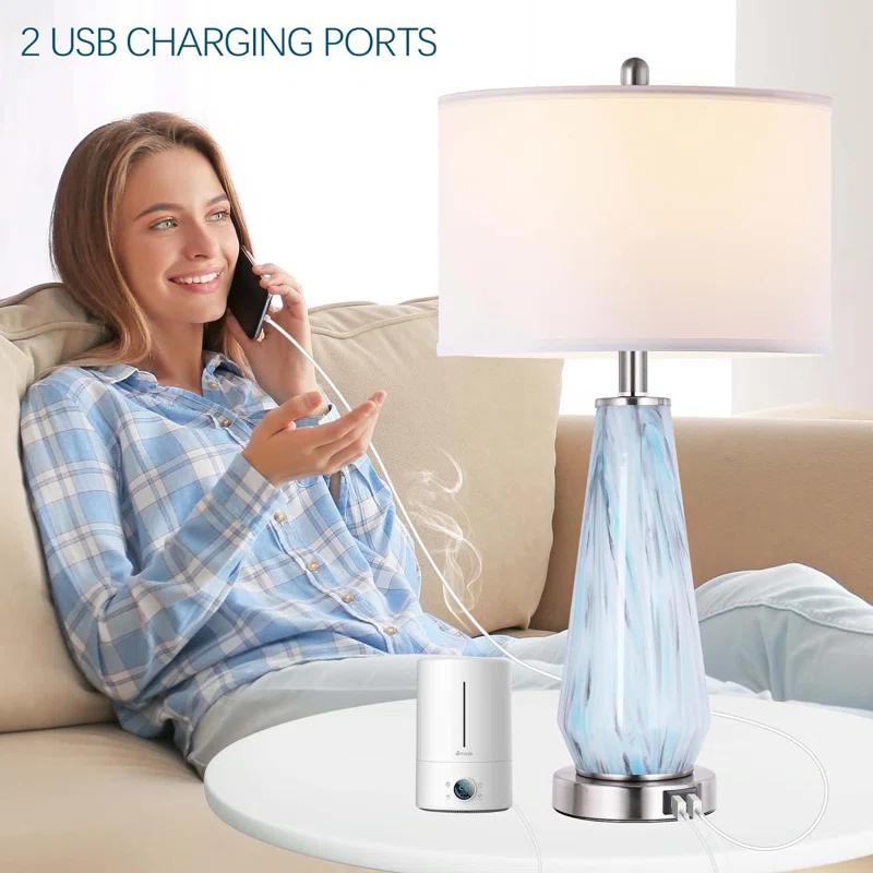 Brayden Studio® Modern Table Lamp Set Of 2 Touch Control, 27" Tall Faded Swirl Blue Gray Art Glass Bedside Lamp With USB Ports, 3-Way Dimmable Hand Crafted Nightstand Lamps White Drum Shade For Living Room, Bedroom