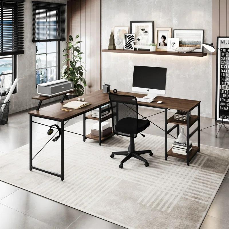 Inbox Zero Techni Mobili L-Shape Industrial Desk With Storage Shelves | Wayfair