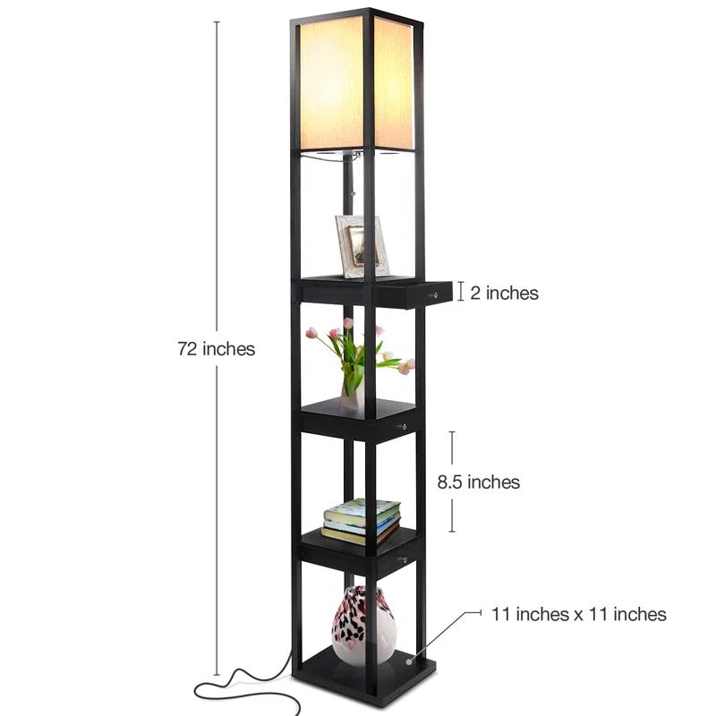 Brightech Maxwell 72" Traditional LED Shelf Floor Lamp with Black Finish, 4 Built-In Shelves, 3 Storage Drawers, Bulb Included