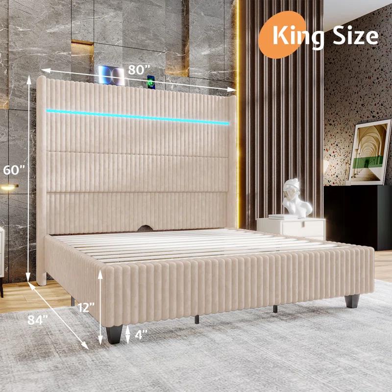 Ivy Bronx LED Bed Frame, Corduroy Upholstered Platform with 60" Tall Headboard & Charging Station