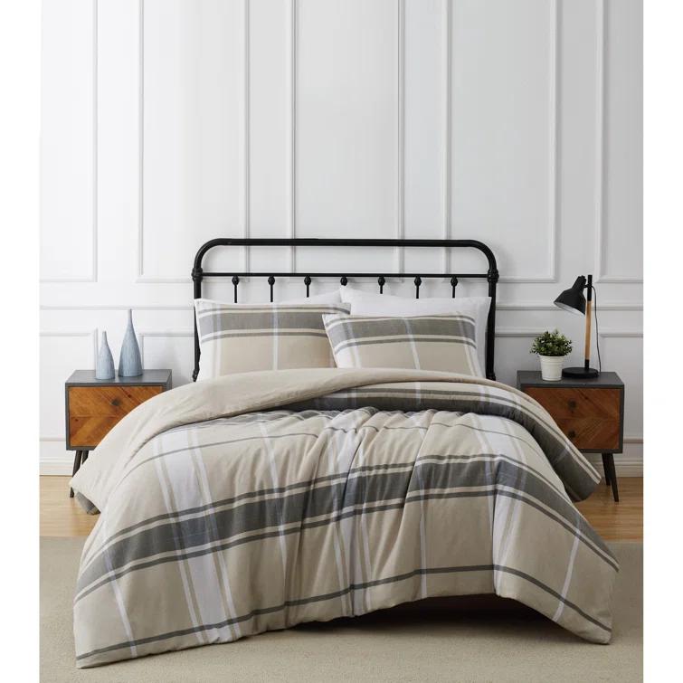 Truly Soft Flannel Box Stitch Plaid Comforter Set