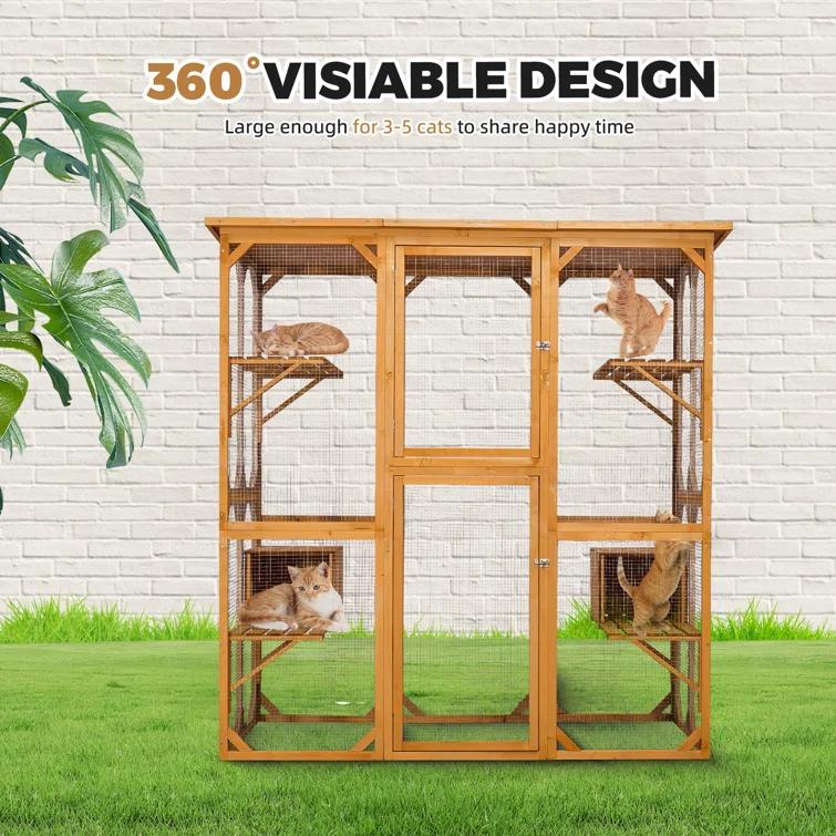 Gracie Oaks Outdoor Cat Enclosure with Roof 72" Height Cat Wooden House Large Cat Catio
