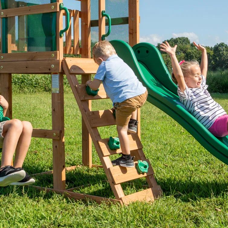 Backyard Discovery Buckley Hill Cedar Wood Swing Set with Wave Slide, Play Deck, Rock Wall Ladder, and Chalkboard & Reviews | Wayfair