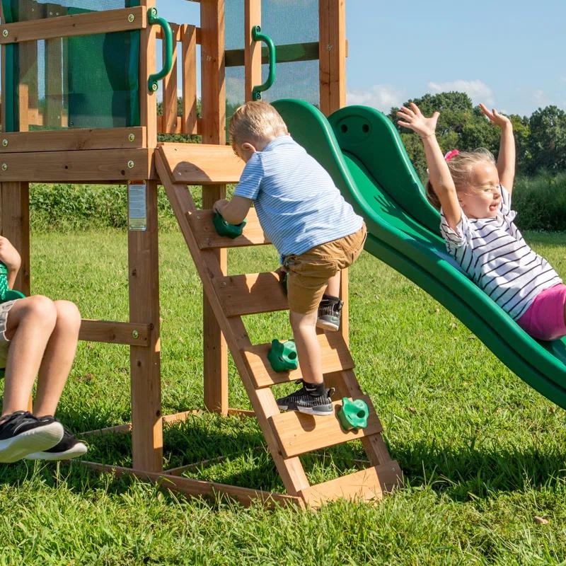 Backyard Discovery Buckley Hill Cedar Wood Swing Set with Wave Slide, Play Deck, Rock Wall Ladder, and Chalkboard & Reviews | Wayfair