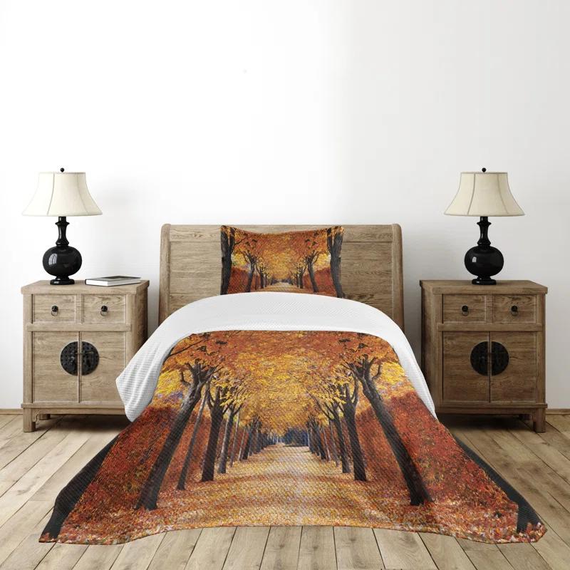 Ambesonne Ambesonne Autumn Bedspread Set Pathway in the Woods Orange Brown