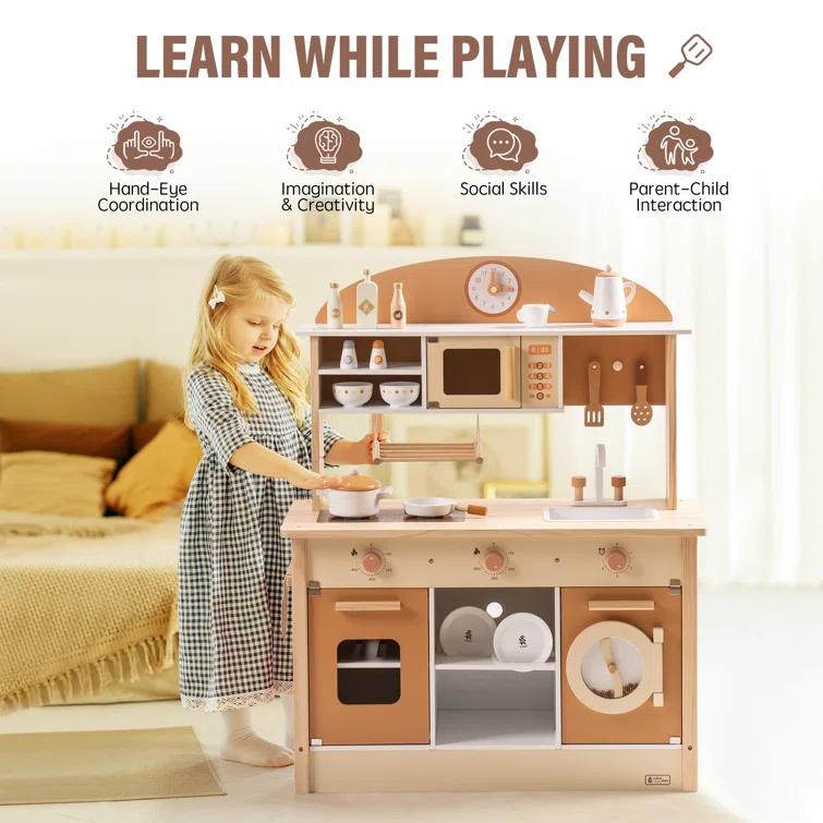 ROBUD Solid Wood Play Kitchen & Accessories Set, Preschool Kitchen Set, Kids Kitchen Playset