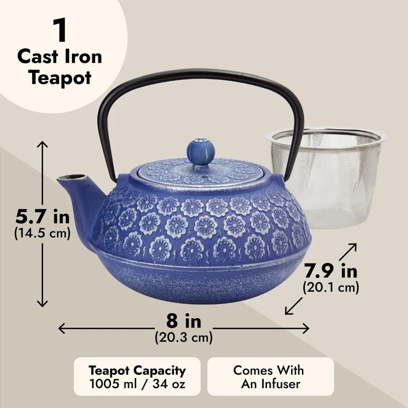 Bungalow Rose Japanese Cast Iron Teapot With Infuser For Loose Leaf And Tea Bags, Kettle Includes Handle And Removable Lid (Blue, 34Oz)