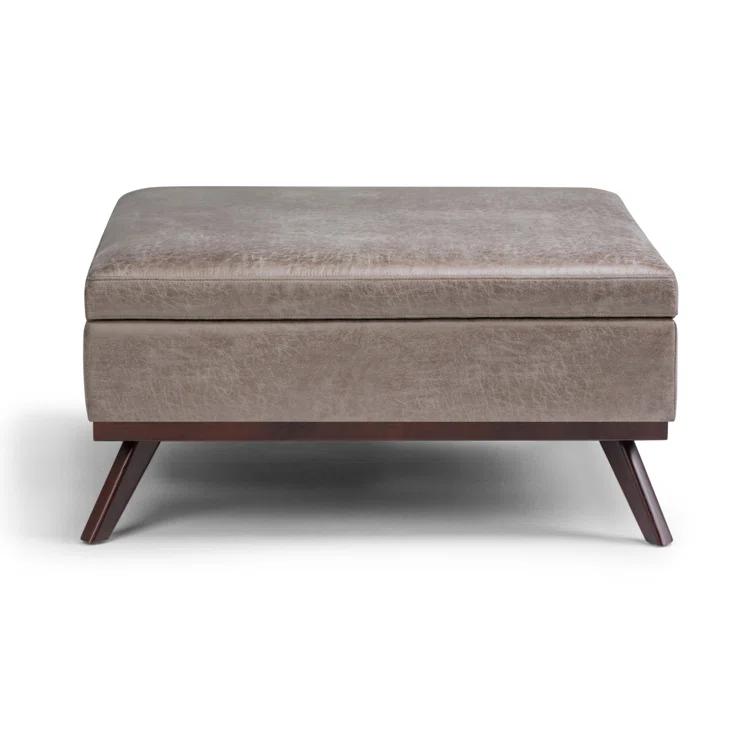 Simpli Home Owen 36"W Upholstered Square Coffee Table Storage Ottoman with Lift Top and Solid Wood Legs