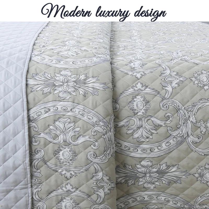 Cozy Line Home Fashion Gray Taupe Floral Majesty Medallion Geometric Shapes Quilt Set