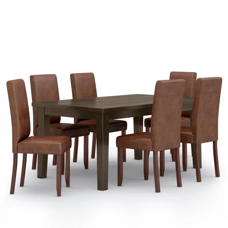 Simpli Home Acadian 7-Piece Dining Set with Solid Hardwood Table and 6 High-Back Upholstered Chairs