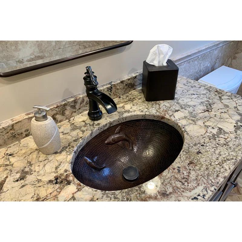 19" Oval Under Counter Hammered Copper Bathroom Sink with Koi Fish Design