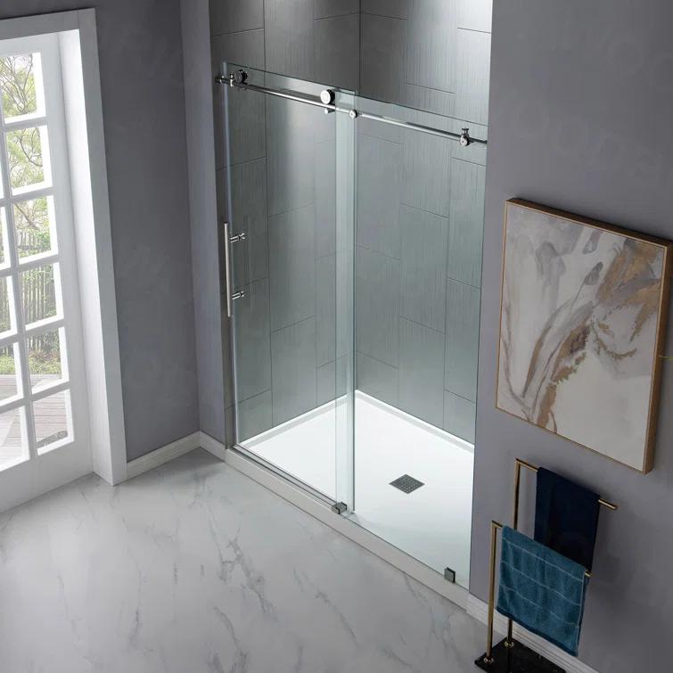 WoodBridge 56"-60" W x 76" H Single Sliding Frameless Shower Door | 3/8" (10mm) Thickened Upgrade Tempered Glass | Stainless Steel Hardware | Safe, Explosion-Resistant, Clear & Stylish, Sturdy & Durable MBSDC6076-C