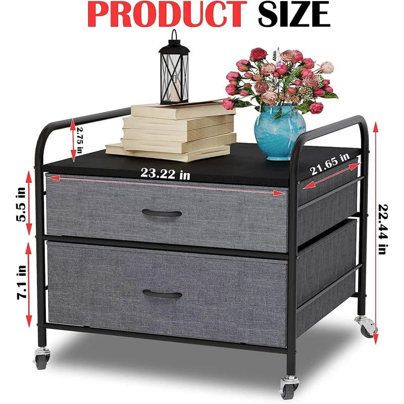 Hokku Designs 2 Drawer Dresser, 120LBS Fabric Storage Tower, 2 Drawer Storage Cart, Mini Fridge Stand With Storage, Metal Frame Iron Top