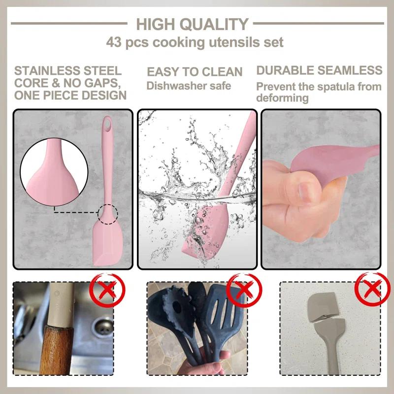 shuoli Silicone Cooking Kitchen Utensil Set, 43 Pcs Pink Cooking Utensils Set, Turner, Tongs, Spoon, Spatula, Kitchen Gadgets Tools Set For Nonstick Cookware, Heat Resistant (Dishwasher, BPA Free)