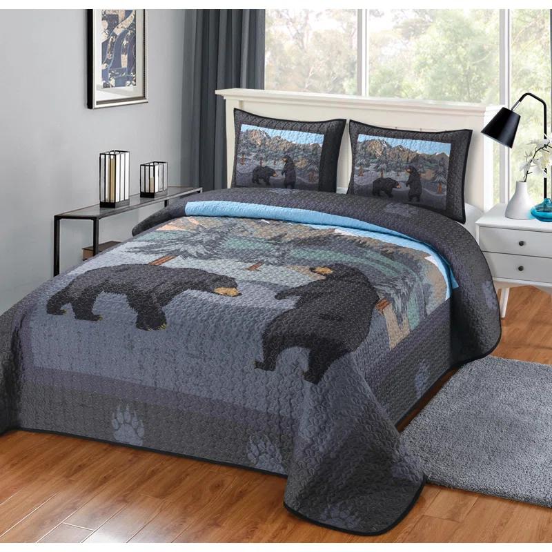 De Leon Collections What Up Bears Whimsical Black Bear Woodland Forest Mountain Themed Decorative Quilt Bedding Set