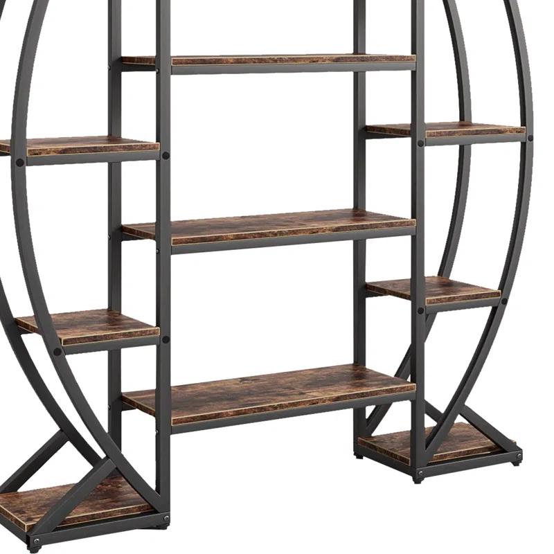 Benjara Oval Bookshelf, 12 Brown Wood Shelves, 5 Tier Black Frame, 69 Inch