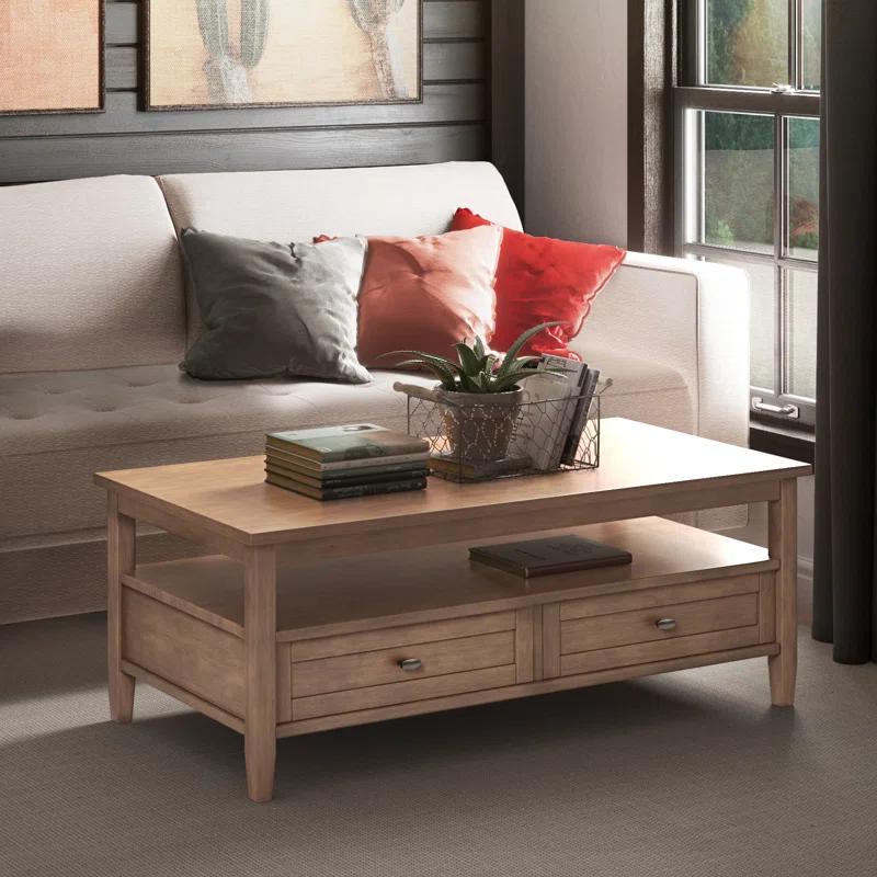 Simpli Home Warm Shaker 48"W Solid Wood Coffee Table with Two Storage Drawers and Open Shelf