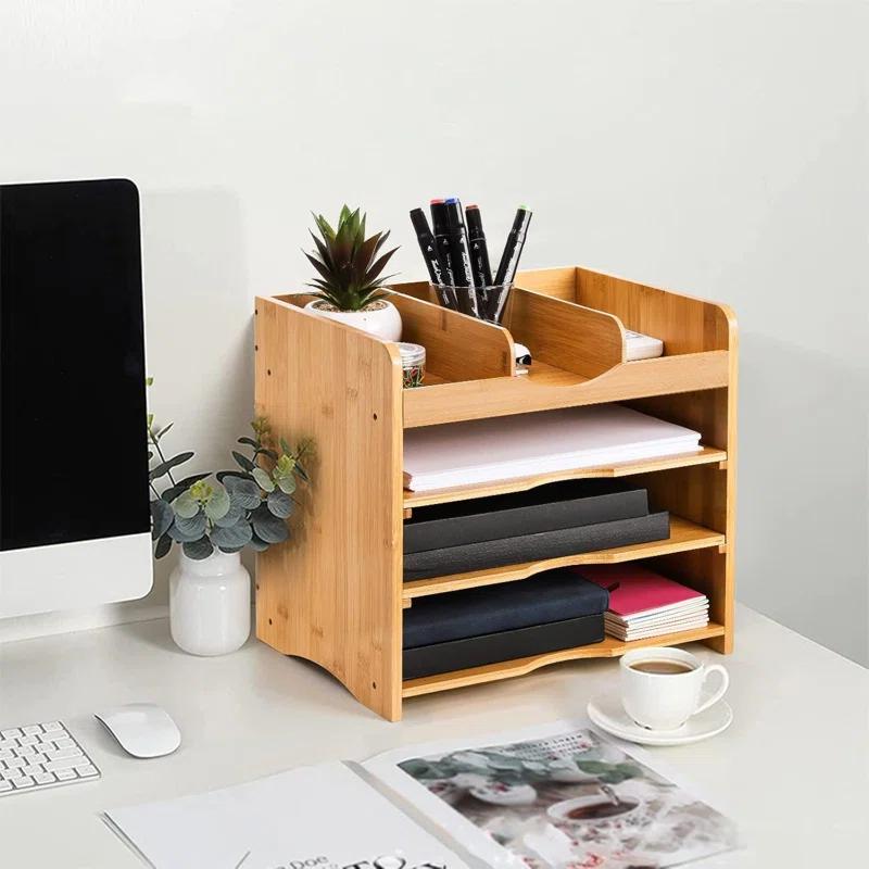 Hokku Designs Bamboo Desk File Organizer,Document Letter Tray Sorter With 2 Adjustable Shelves, 4 Tier Mail Organizer Countertop